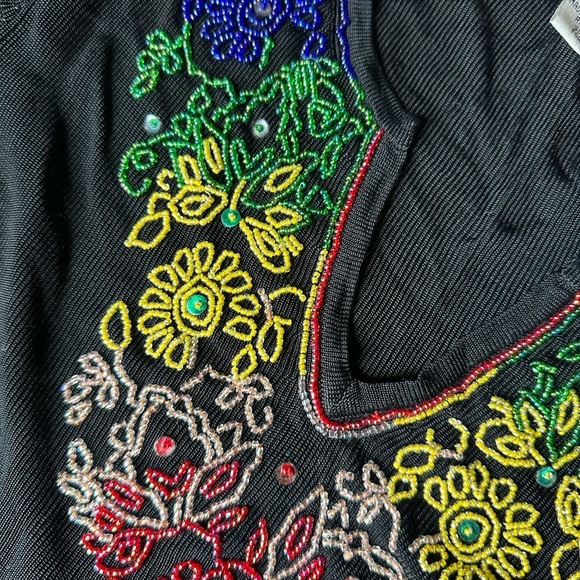 Lucia Burns Y2K Black beaded rainbow floral long sleeve ribbed top. Size small. - Picture 2 of 6
